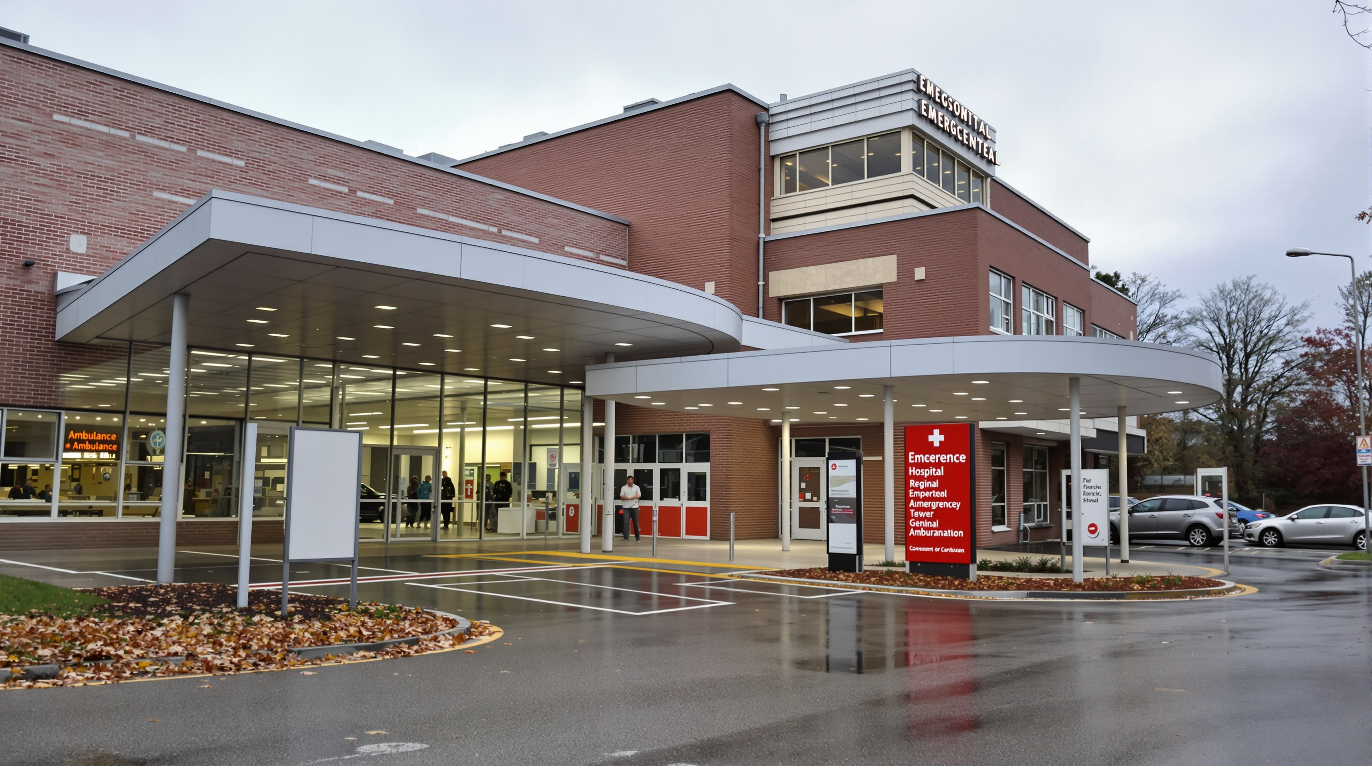 Eingangsbereich eines Krankenhauses der Regelversorgung mit beleuchteter Notaufnahme und leerer Rettungszufahrt an einem bewölkten Morgen
